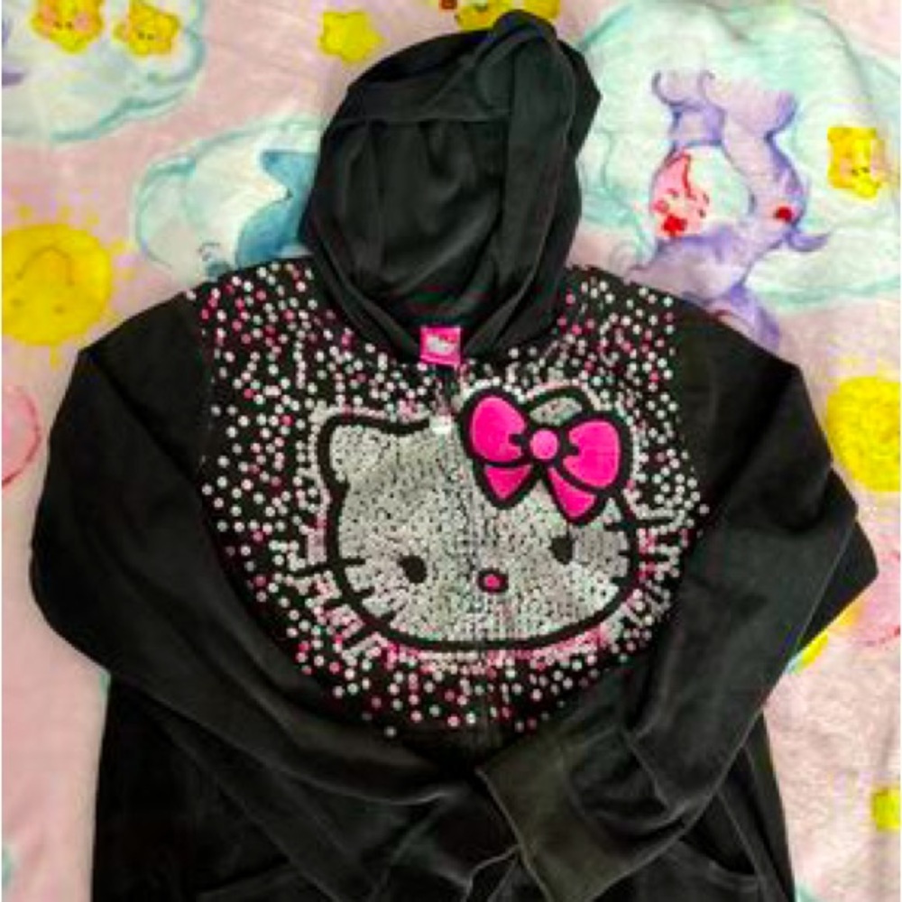 Hello Kitty black velour hoodie with pink bow and rhinestones - super cute!